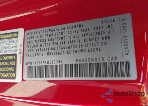 2006 Volkswagen Gti 2-Door z USA, uszkodzony, nr VIN WVWFV71K26W073395